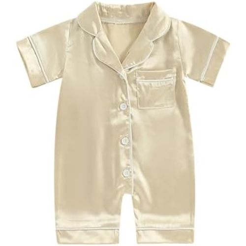 Multitrust Newborn Baby Girl Boy Silk Pajamas Rompers Button Down Short Sleeve Satin Infant Pjs One Piece Jumpsuit Shorts