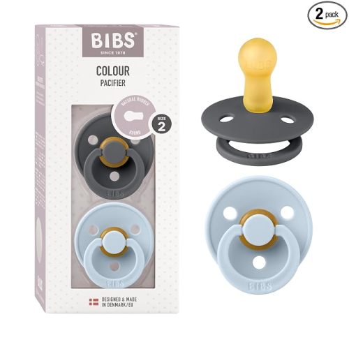 BIBS Pacifiers Colour Collection | Natural Rubber Baby Pacifier | Round Nipple | Set of 2 BPA-Free Soothers | Made in Denmark | 6+ Months (Pack of 2) | Baby Blue/Iron