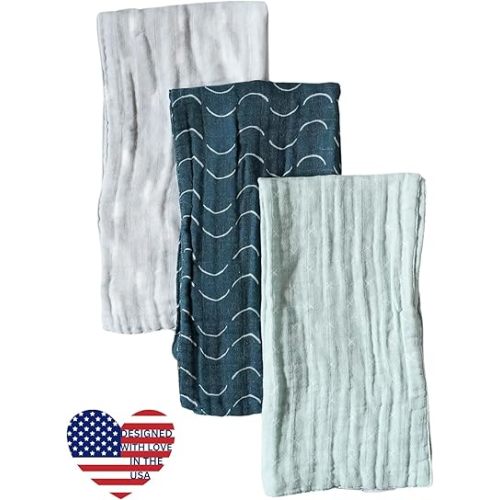 Organic Muslin Burp Cloths, Set of 3 | 100% Cotton Boho Extra-Large 22"x12" Soft Absorbent Shower Gift Essentials Gear Three Pack Burping Cloth Rags Towels for Newborn Boys Girls