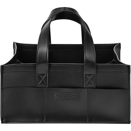 Premium Vegan Leather Baby Diaper Caddy Organizer – Portable Storage Basket for Newborn Essentials, Changing Table, Nursery, Car & Travel, Gifts for Baby Shower (Liquorice Black)