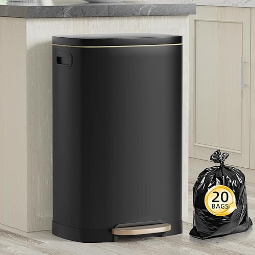 13 Gallon Trash Can with Lid, 50L Fingerprint Proof Stainless Steel Kitchen Trash Can with Removable Inner Bucket and Lid Soft Close, Pedal Rubbish Bin for Home Office, Black