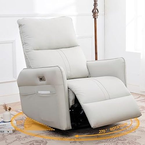 Power Swivel Rocker Recliner Chair for Nursery, Upholstered 270° Swivel Glider Rocker Chair with USB Ports, Small Power Recliners for Small Spaces Living Room (Light Grey)