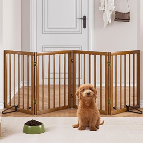 Freestanding Pet Gate Foldable 4 Panel Dog Gate Walnut Dog Gates for Stair Doorways House Indoor (2 Support Feet Included)