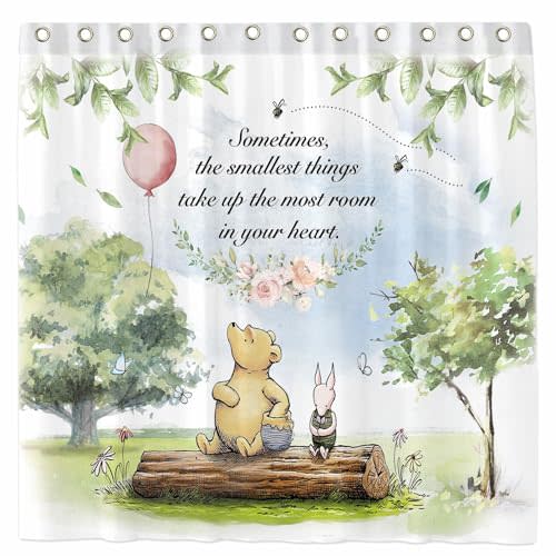 TURKIO Classic Winnie Shower Curtain Set with 12 Hooks Watercolor Bear Girls Kids Cartoon Spring Bathroom Bathtubs Decor Waterproof with Washable Durable Polyester Fabric 72"x72"