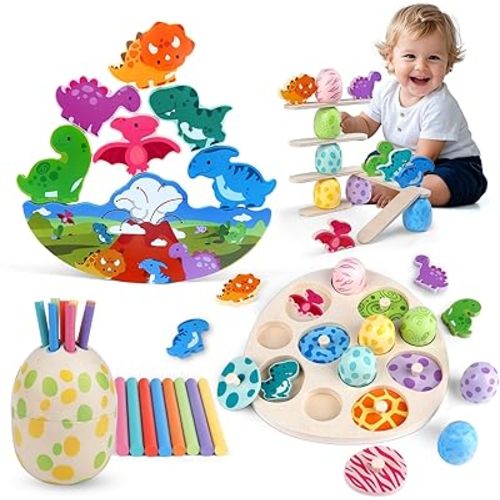4 in 1 Dinosaur Toys Set for Toddler Montessori Toys Puzzles Wooden Color Sorting Stacking Toy 1 2 3 4 Year Old Boys Girls Birthday Easter Gift