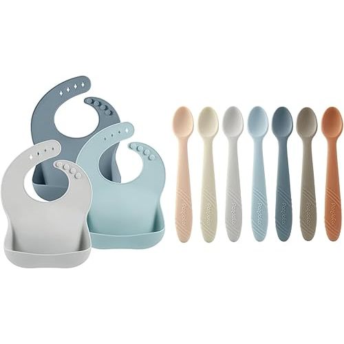 PandaEar 3 Pack Silicone Bibs & 7 Pack Silicone Baby Feeding Spoons