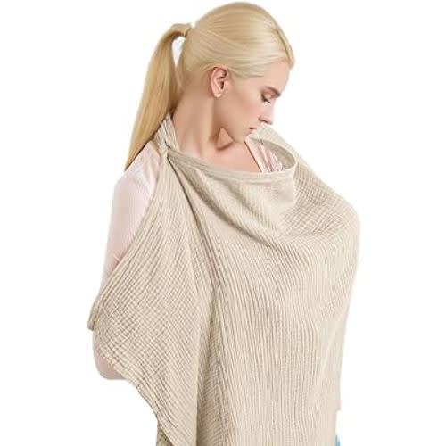 Muslin Nursing Cover for Breastfeeding, Breathable Privacy Nursing Covers with Arch Neckline for Hands-Free View, Soft Cotton Multi-use Adjustable Nursing Apron Cover | Carseat Cover (Summer Wheat)