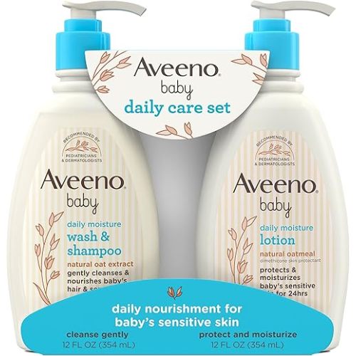 Aveeno Baby Daily Care Gift Set with Oat Extract & Prebiotic Oat, Contains Daily Moisturizing Body Lotion & Gentle 2-in-1 Baby Bath Wash & Shampoo, Hypoallergenic & Paraben-Free, Two Pack