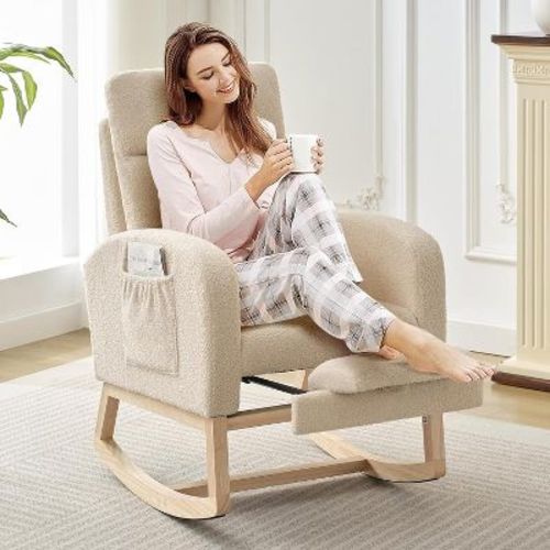 Acekool Rocking Chair with Footrest, Modern Upholstered Armchair with High Backrest, Side Pockets, Accent Chair for Living Room Bedroom, Off_White