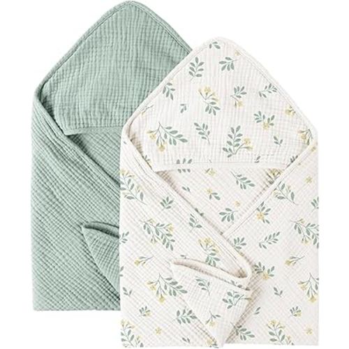 Konssy 2 Pack Muslin Hooded Baby Towels for Newborn Soft 100% Cotton Baby Bath Towel with Hood for Baby, Infant Ultra Absorbent, Baby Stuff Baby Bath Shower Gifts (Green, Leafy,30" x 30")