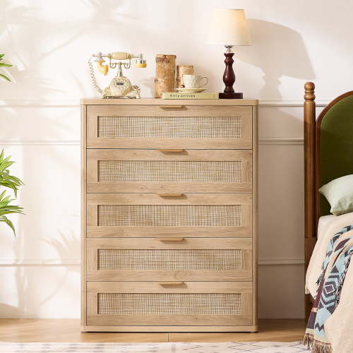 LELELINKY Rattan Dresser for Bedroom, 41" Tall Dressers Chest of Drawers, Boho Small Dressers with 5 Drawers, Grey White Dresser Wooden Closet Organizer for Living Room, Hallway