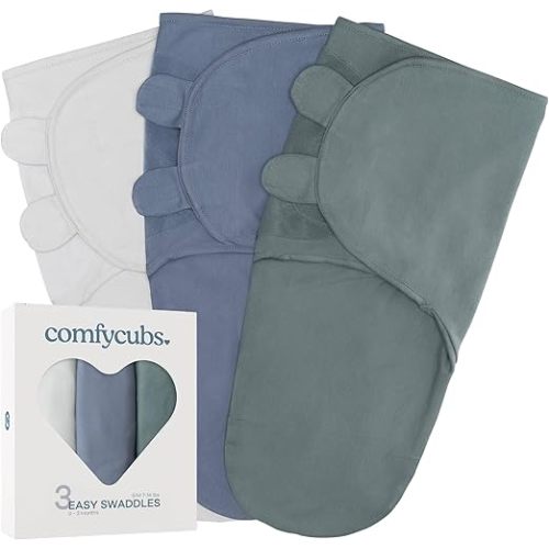 Comfy Cubs Easy Swaddle Blanket, 3 Pack - 100% Cotton Newborn Wrap, Small for 0-3 Months Infants, with Adjustable Velcro, Breathable and Durable Sleep Sack for Babies - Stone, Nomadic Blue & Azul