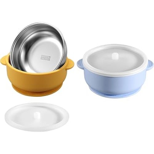 2 Pack Stainless Steel Baby Bowls with Removable Non-Slip Silicone Suction Shell and Lids