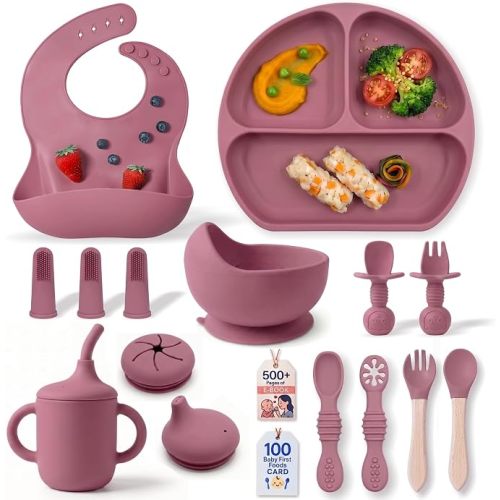 Remonda 17-Piece BPA-Free Baby Silicone Feeding Set | Extra Large Suction Plates, Toddler Bowls, Self Feeding Spoons, and More | Dishwasher Safe| Infant Led Weaning Supplies (Red）A