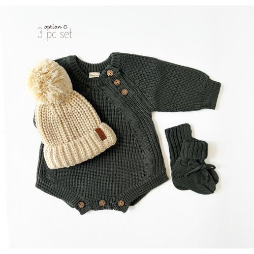 Baby Newborn Chunky Knit Set options |  Romper Booties Hat |Forest Green Elliot