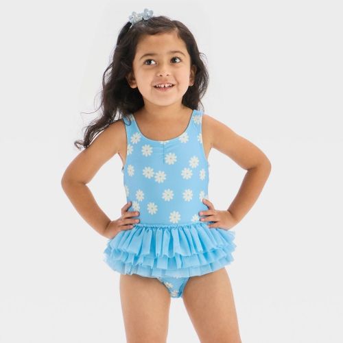 Baby Girls' Tutu Printed One Piece Swimsuit - Cat & Jack™ Blue 18M: UPF 50+, Floral Pattern, Ruffles
