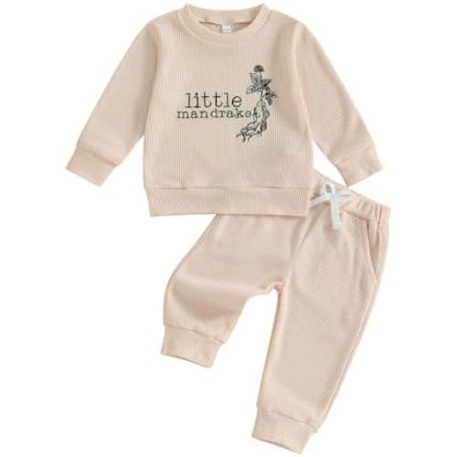 Gueuusu Toddler Baby Boy Girl Fall Outfit Letters Embroidery Long Sleeve Waffle Knit Sweatshirt and Pants Set