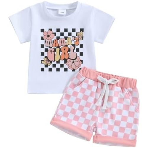 2Pcs Set Baby Girl Summer Clothes Mamas Girl Short Sleeve T Shirt Top+Checkerboard Shorts Toddler Outfit Set