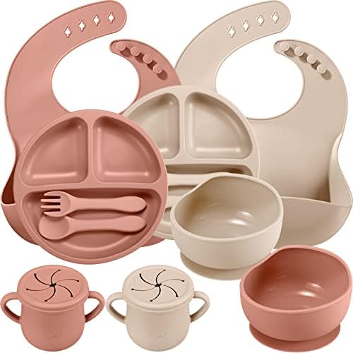 Gejoy 12 Pack Silicone Baby Led Weaning Supplies Baby Feeding Set with Suction Bowl Divided Plate Bib Soft Spoon Fork Utensil