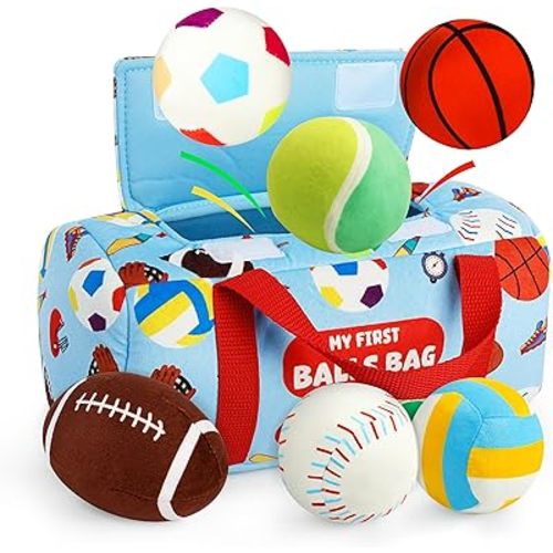 Vanmor Sensory Sports Balls for Babies 6-12M+, 6 Pack Machine Washable Plush Ball Set with Crinkle, Rattles, Squeaky Sounds, Toddler Learning Toys, Portable Travel Bag, Baby Shower Toy for Newborn