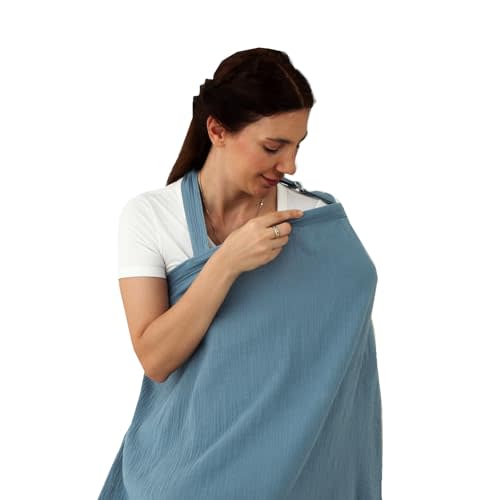 Insular Muslin Nursing Cover for Breastfeeding, Breathable Privacy Nursing Covers with Arch Neckline for Mom, Soft Cotton Multi-use Nursing Apron, Blue