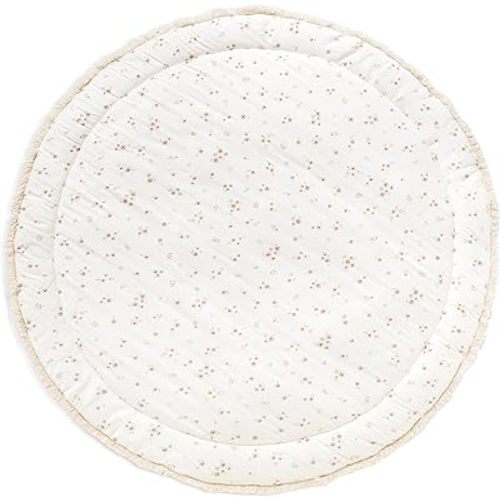 MakeMake Organics Organic Play Mat GOTS Certified Organic Cotton Nursery Floor Rug Washable Reversible Non Toxic Activity Mat Tummy Time Crawling Pad Thick Quilted (Round 48", Bloom + Solid Oat)