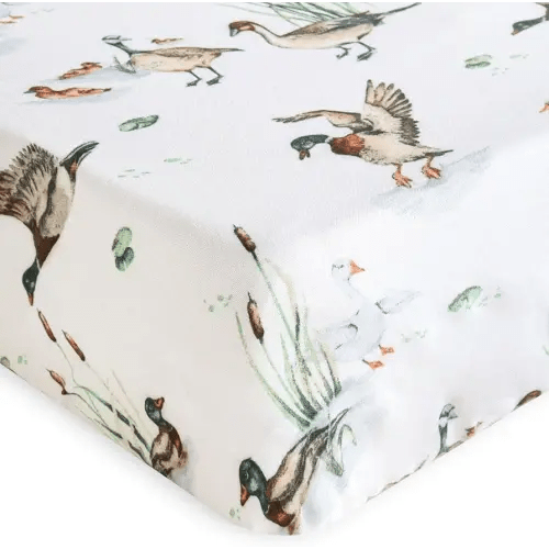 LifeTree Crib Sheets for Baby Boys Girls - Muslin Fitted Crib Sheets Neutral Toddler Bed Sheet Fits Standard Crib, 70% Viscose from Bamboo and 30% Cotton, Mallard Duck Pattern, 28in x 52in