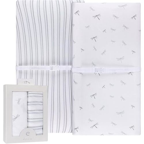 Ely's & Co. Changing Pad Cover - Cradle Sheet Set 2 Pack 100% Jersey Cotton for Baby Boy Blue Dragonflies + Stripes