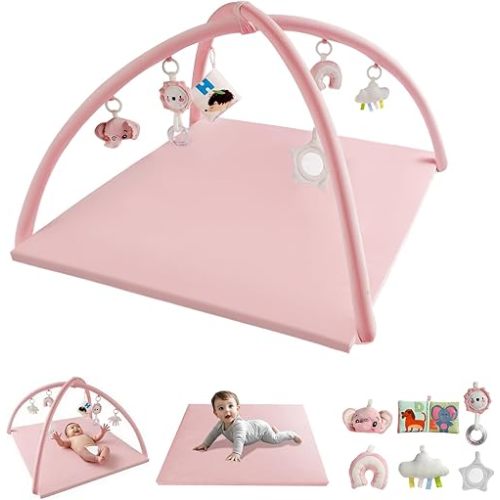 Baby Play Gym with Soft Foam Mat – Removable & Machine Washable Cover, Velvet Tummy Time Mat with 6 Sensory Toys, Non-Slip Activity Mat for Infant Development, Newborn Essentials Gift, Pink