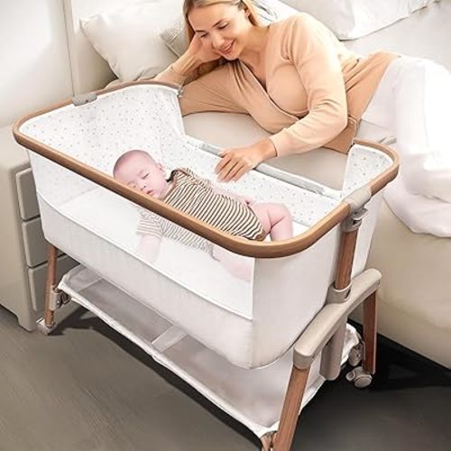 Baby Bassinet Bedside Sleeper, Portable Crib for Newborns, Adjustable 7-Height Auto-Lock, with Wheels, Soft Mattress & Breathable Mesh