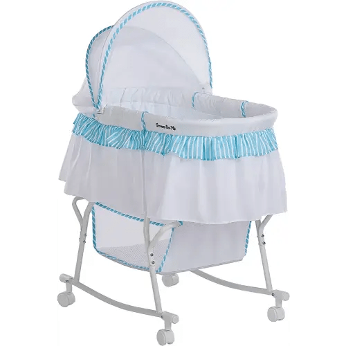 Dream On Me Lacy Portable 2-in-1 Bassinet & Cradle in Blue and White, Lightweight Baby Bassinet with Storage Basket, Adjustable and Removable Canopy