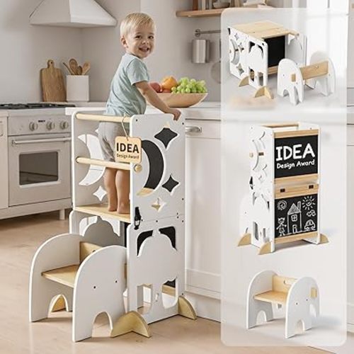 COSYLAND 4-in-1 Toddler Kitchen Stool Helper with Safety Rail, Foldable Toddler Standing Tower with Double Blackboard, Kids Learning Desk and Chair Set, White and Natural
