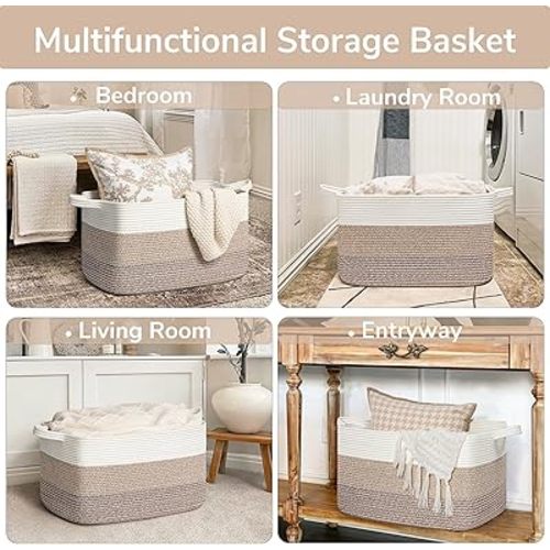 Goodpick Large Woven Storage Basket, 21.6" x 14.9" x 11.8" Rectangle Rope Baskets for Toy Storage, Blanket Basket for Living Room, Bedroom, Light Brown