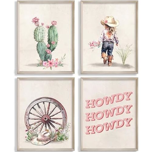 MOCVSWO Western Howdy Cowgirl Cowboy Hat Cactus Desert Wall Art Prints for Cowgirl Nursery Decor And Kids Room Girs Room Decoration,Set Of 4(8''x10''Inches,Unframed).