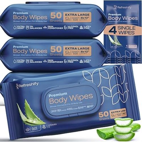 XL Aloe Vera Shower Body Wipes for Adults 8" x 12" (200 count) + 4 Travel wipes | Adult Wipes for Elderly, Shower Body Wipes for Adults Bathing No Rinse, Vitamin E