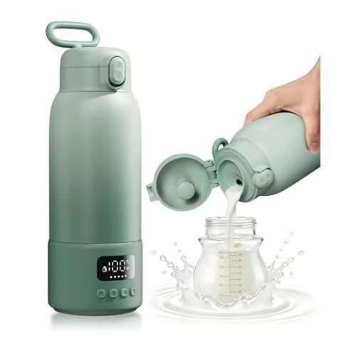 Portable Bottle Warmer for Travel, 17oz Large Capacity, 2-Min Fast Heating, Keep Warm Function, Long Battery Life, Ideal for Heating Breast Milk and Water On-the-Go, Green