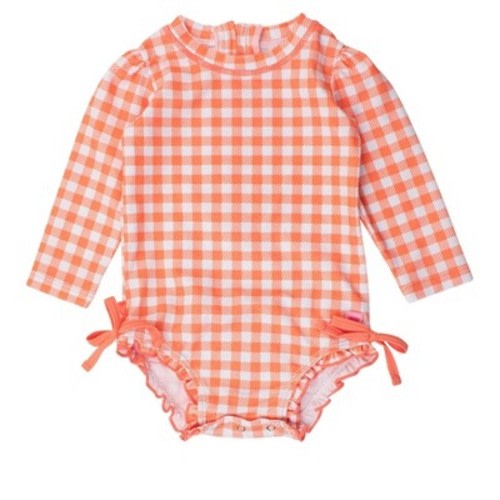 RuffleButts Baby Girls UPF50+ Sun Protected Gingham Long Sleeve One Piece Rash Guard - Coral Gingham, 0-3m