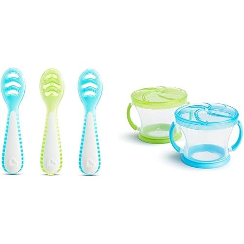 Munchkin Gentle Dip First Spoon Set for Baby Led Weaning, Self Feeding, 3 Pack and Snack Catcher Toddler Snack Cups, 2 Pack
