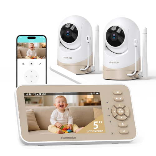 ebemate Video Baby Monitor Camera with Two Camera, 5" LCD Screen Video & Audio No Glow Night Vision,2-Way Talk Audio Cam Baby Monitoring 1500FT Range EBE50P-2