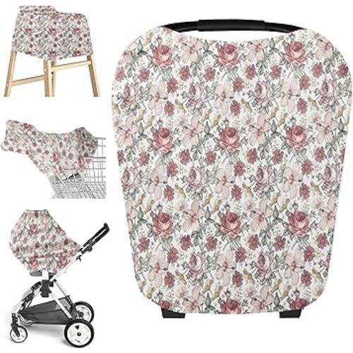 Little Jump Multi-use Baby Carseat Cover, Western Wild Flowers Breathable Nursing Cover, High Stretchy Infant Carseat Canopy, Stroller Cover, Car Seat Covers for Bbies, Boys & Girls (Vintage Floral)