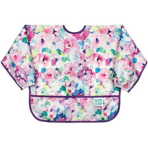 Bumkins Sleeved Bib for Girl or Boy, Baby and Toddler for 6-24 Mos, Essential Must Have for Eating, Feeding, Baby Led Weaning, Long Sleeve Mess Saving Food Catcher, Soft Fabric, Watercolors Floral