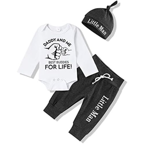 TUEMOS Newborn Infant Baby Boy Clothes Letter Print Romper Pants Set Hat 3PC Outfits Set
