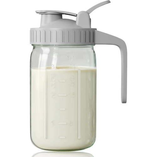 GOSCHE Breast Milk Pitcher,Wide Mouth Glass Mason Jar Pitcher with Flip Cap Lid and Pour Spout, Airtight Seal for Freshness and Convenience, 32oz Gray