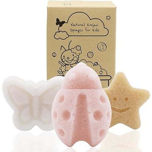 myHomeBody Konjac Baby Sponge for Bathing, Cute Shapes Natural Kids Bath Sponges for Infants, Toddler Bath Time, Natural and Safe Plant-Based Toys, 3pc. Set: Butterfly, Ladybug, Star