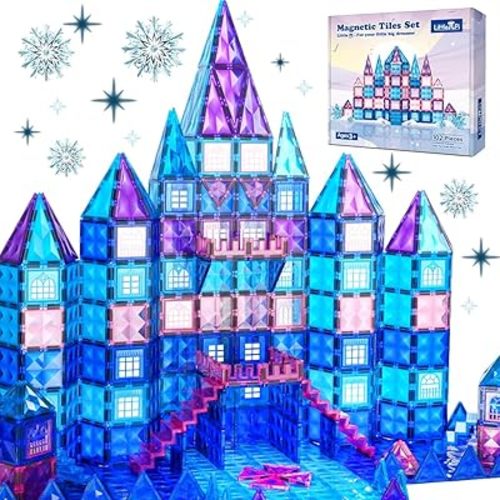 Little Pi 102pcs Frozen Princess Castle Magnetic Tiles Building Blocks - 3D Diamond Blocks, STEM Educational Toddler Toys for Pretend Play, 4 Year Old Girl Birthday Gifts Kids Ages 3 5 6 7 8 - Blue