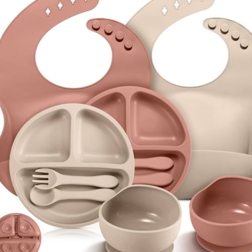 10 Pack Silicone Baby Feeding Set, Toddlers Led Weaning Feeding Supplies with Suction Baby Bowl Divided Plate Adjustable Bib Soft Silicone Spoon Fork, Infant Self Eating Utensil Set (Beige, Orange)