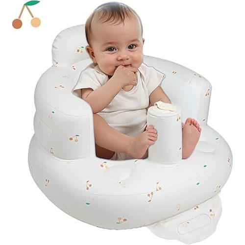 Inflatable Baby Seat for Babies 3 Months & Up, Baby Floor Seats for Sitting Up, Baby Seats for Infants, Blow Up Baby Chair with Built in Air Pump - Cherries