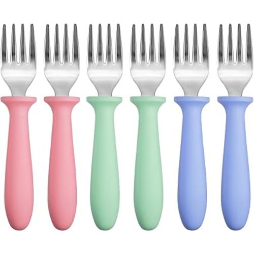 Pimoys 6 Pieces Toddler Forks Baby Forks for Self Feeding,Kids Forks with Plastic Handle,Stainless Steel Toddler Silverware,Children's Safe Toddler Utensils,Dishwasher Safe