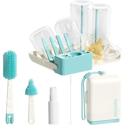 Baby Bottle Brush Cleaner Set - 7 in 1 Travel Bottle Cleaning Brush Kit with Silicone Bottle Brush, Nipple Brush, Soap Dispenser, Portable Drying Rack, Breast Pump & Bottle Cleaning Kit - Lake Green