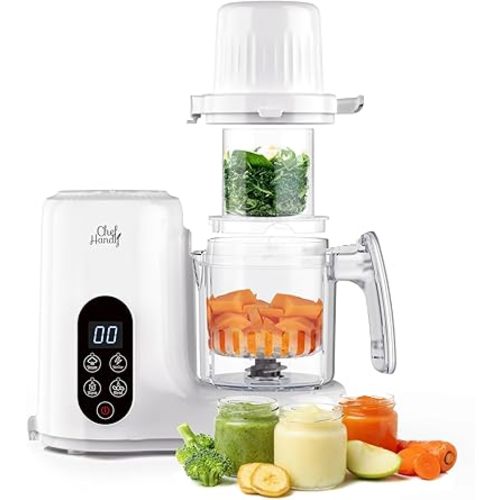 Chefhandy Baby Food Maker, Baby Food Processor, 5 in 1 Baby Puree Maker with Two Layer Steaming Baskets for Steamer,Blender,Bottle Warming Fuction, Auto Cooking & Grinding,Touchscreen Control, White